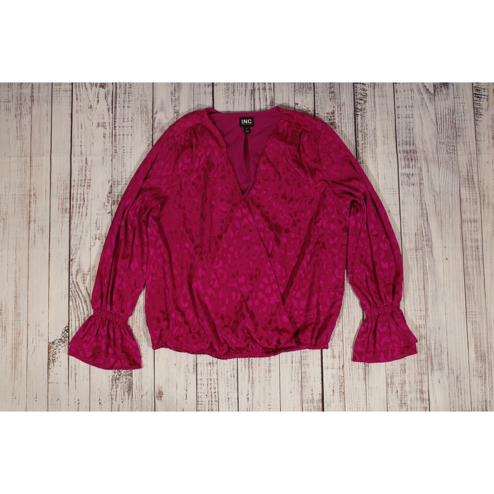 INC International Concepts Wrap Blouse Top Womens L Magenta Pink Satin Jacquard